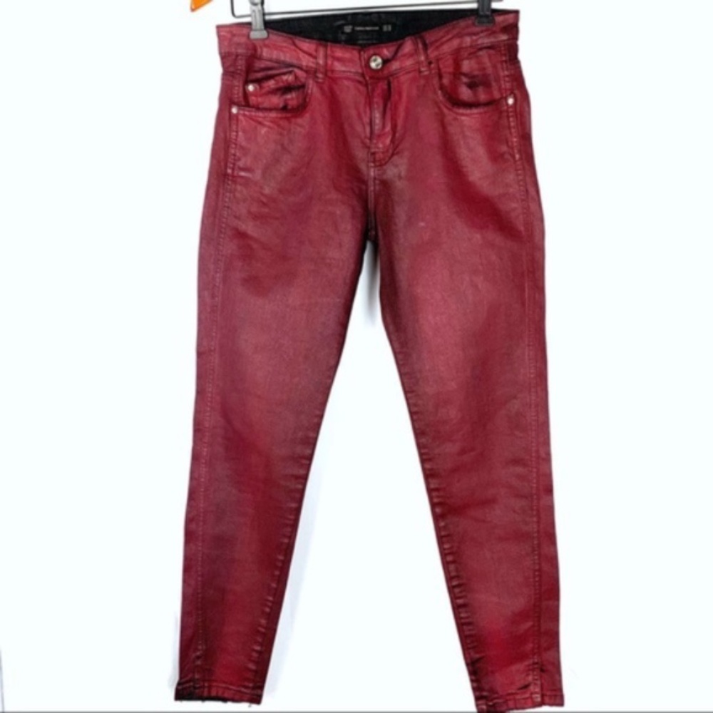 Zara Trafaluc women's denimwear coated red/black jeans, size 8